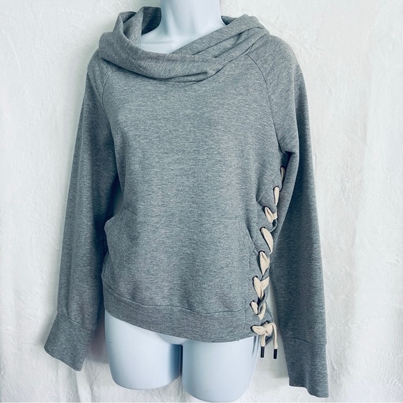 Asymmetrical Cowl Neck Hoodie with Side Tie Detail - Picture 2 of 8